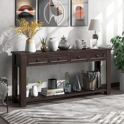 LKTART 63" Solid Wood Console Table Sofa Table with Storage Drawers and Bottom Shelf,Farmhouse Entryway Table for Hallway Foyer,Sofa Couch Table,Easy Assembled (63" Espresso)