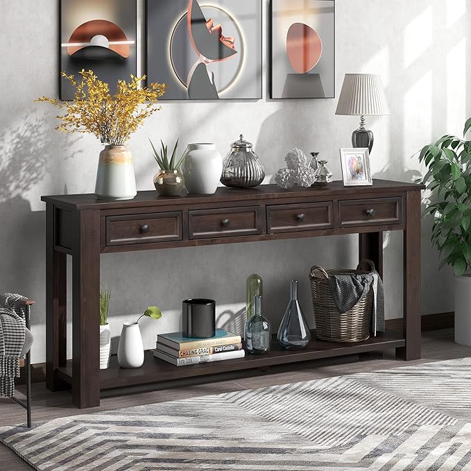 Console Table Hallway Sofa Entryway Side Table 63" Long Furniture with 4 Drawers and Bottom Shelf for Living Room Home Decor (Espresso)