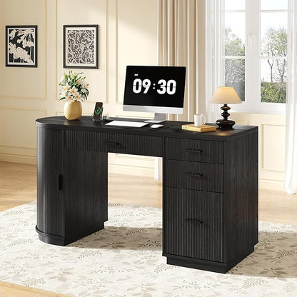 ONBRILL 58 Inch Fluted Executive Desk, Computer Desk with Storage Drawers & File Drawer, Modern Home Office Desk with Charging Station for Working, Studying, Writing, Black