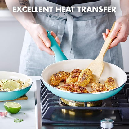 GreenPan Rio Healthy Ceramic Nonstick 8" and 10" Frying Pan Skillet Set, PFAS-Free, Dishwasher Safe, Turquoise
