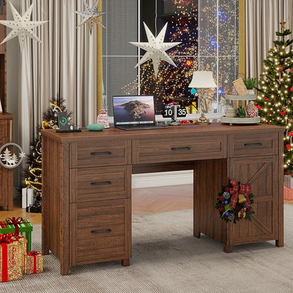 Farmhouse 61'' Executive Desk with 5 Drawers, Rustic Office Desk Computer Desk with Charging Station, File Drawers and Storage Cabinet, Wood Workstation for Study and Home Office. (Red-Brown)