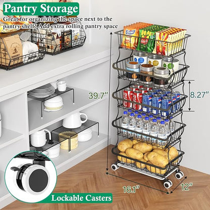 OKZEST 5 Tier Fruit Basket for Kitchen, Stackable Bins Wire Rack with Wheels, Fruit and Vegetable Storage Basket Pantry Food Snack Organizer Shelf, Kitchen Storage Cart for Onion and Potato, Produce