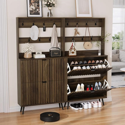 Smuxee Shoe Cabinet with 2 Flip Drawers & Coat Rack Hooks, 31.5" Walnut Hidden Shoe Storage Cabinet, 2-in-1 Hall Tree Slim Freestanding Shoe Rack Organizer for Entryway, Hallway, Living Room