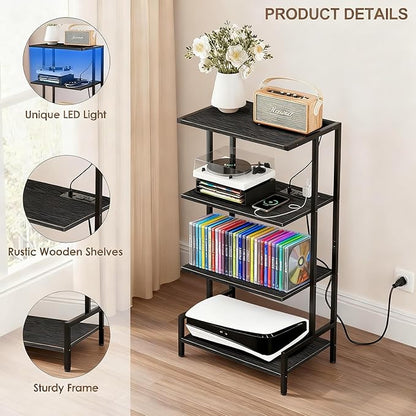 Arbuxzuy 4-Tier AV Media Stand with Power Outlet and LED Lights,Wooden Stereo Stand Cabinet,Game Console Shelf for Small Space,Audio Rack Stand Tower Ideal for Video DVD Players,Xbox