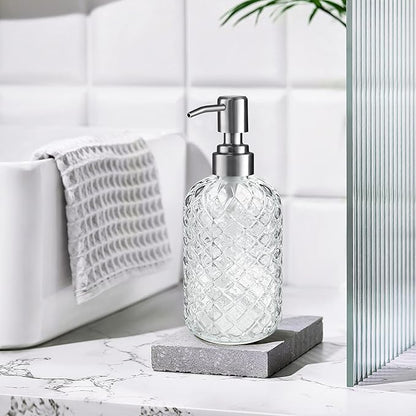 14 Oz Refillable Glass Soap Dispenser with Rust Proof Stainless Steel Pump, for Dispense Hand soap, Body wash, Lotion