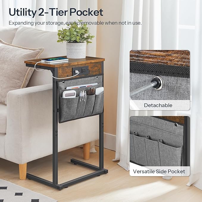HOOBRO C Shaped End Table Set of 2 with Charging Station, 28" H Couch Side Tables for Small Spaces, Slide Under Sofa Tray Recliner Tables with Storage Bag for Living Room, Rustic Brown BF70USFP201