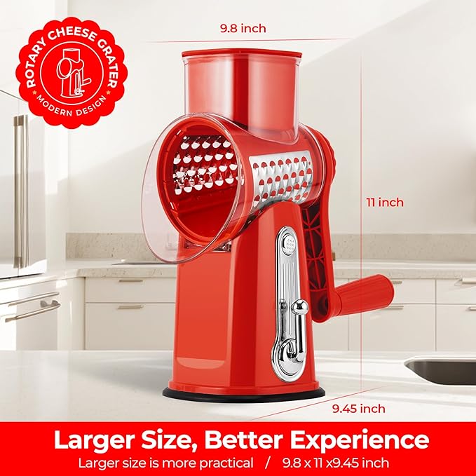 SUSTEAS Rotary Cheese Grater with Handle - Vegetable Shredder with 5 Well-designed Blades & Strong Suction Base,Round Mandoline Slicer & Food Chopper for Kitchen,with Blade Storage Box(Red)