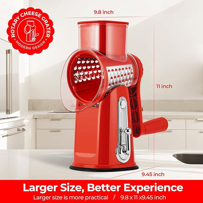 SUSTEAS Rotary Cheese Grater with Handle - Vegetable Shredder with 5 Well-designed Blades & Strong Suction Base,Round Mandoline Slicer & Food Chopper for Kitchen,with Blade Storage Box(Red)