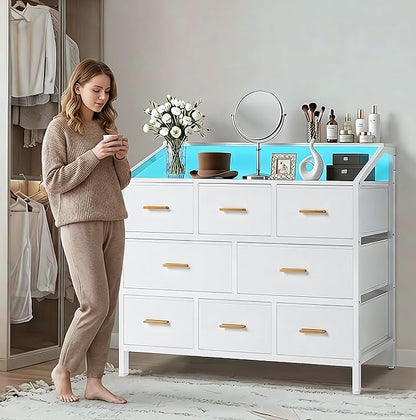 8-Drawer Fabric Dresser with Charging Station and LED Light, Modern Chest of Drawers for Bedroom, 45'' Triple-Wide Storage Cabinet for Closet, Living Room, and Entryway, Metal Handles