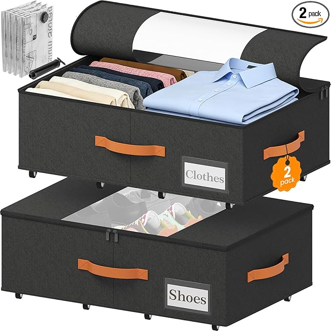 TOSKING 2-Pack Under Bed Storage Bins with Wheels, 4 Vacuum Bags, Heavy Duty 80 lbs, 7.9" Height, 47L Clear Lid Organizer, Space Saver for Dorm Bedroom Clothes Shoes Toys, Quick Assembly, Black