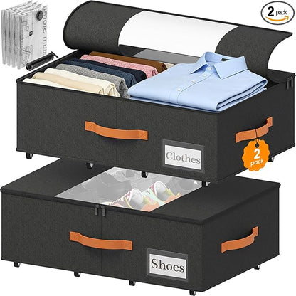 TOSKING 2-Pack Under Bed Storage Bins with Wheels, 4 Vacuum Bags, Heavy Duty 80 lbs, 7.9" Height, 47L Clear Lid Organizer, Space Saver for Dorm Bedroom Clothes Shoes Toys, Quick Assembly, Black