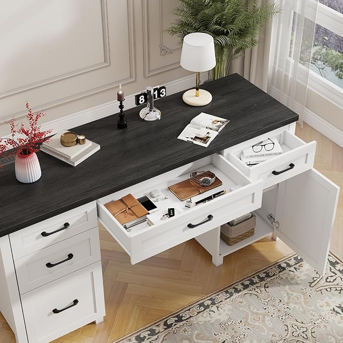 Vabches Farmhouse 61'' Executive Desk with 5 Drawers, Rustic Office Desk Computer Desk with Charging Station, File Drawers and Storage Cabinet, Wood Workstation for Home Office and Study.(Black Top)