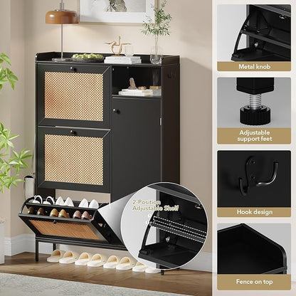 Rattan Wooden Shoe Cabinet, Freestanding 3-Flip Drawer Shoe Storage Organizer, Side Cabinet & Top Fence, Easy Assembly Shoe Rack for Entryway Hallway Living Room,Black