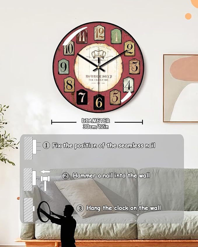Decorative Wall Clocks Batterys Operated, Retro Wall Clock with Glass Dial, 12-Inch Dial with Roman Numerals, Silent and No Ticking, Suitable for Living Room, Bedroom, Dining Area, Workspace