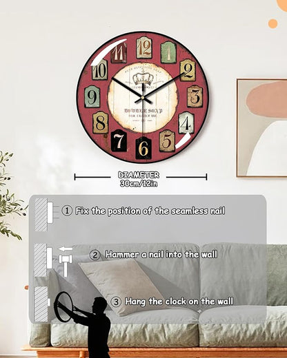 Decorative Wall Clocks Batterys Operated, Retro Wall Clock with Glass Dial, 12-Inch Dial with Roman Numerals, Silent and No Ticking, Suitable for Living Room, Bedroom, Dining Area, Workspace