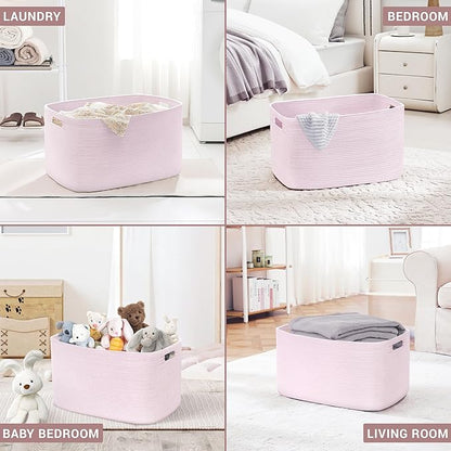 SunNewt 72L Large Baby Girls Laundry Basket for Nursery Storage,Cute Woven cotton Rope Baskets for Kids Toy，Gifts, Boho Square Wicker Blanket hamper for Living Room,Bedroom Dirty Clothes,Pink