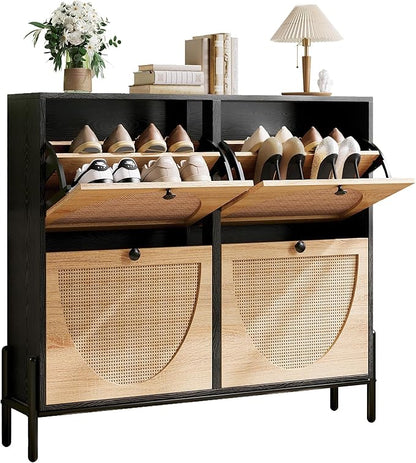 IRONCK Rattan Shoe Cabinet Storage with 4 Flip Drawers, Freestanding Shoe Storage Organizer Cabinet for Entryway, Narrow Shoe Rack Cabinet, Black