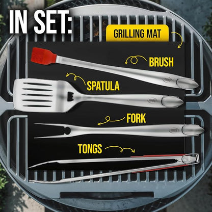 Kaluns BBQ Grilling Accessories, Grilling Gifts for Men Dad, Grill Tools for Outdoor Grill, Heavy Duty Stainless Steel Grill Set with Spatula, Tongs, Fork, Brush, & Grilling Mat, Best BBQ Gifts