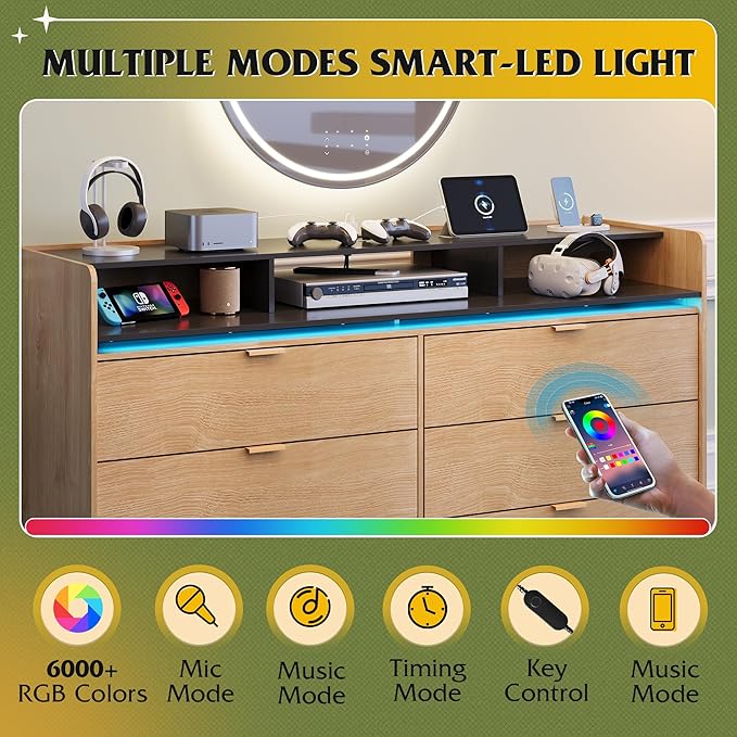WLIVE 9 Drawer Led Dresser for Bedroom, 58" Wide Wood Dresser Storage Organizer with Charging Station for 65" TV, Dressers with Open Shelves, Chest of Drawers for Closet, Living Room, Light Oak