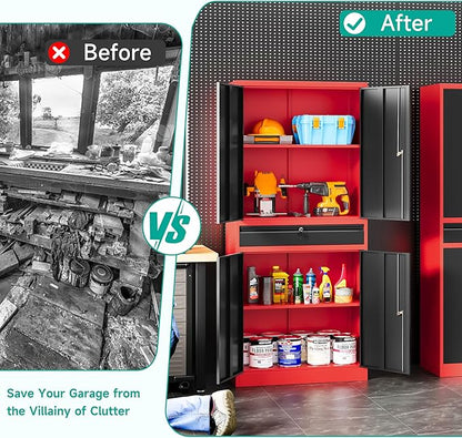 SISESOL Metal Storage Cabinet with Drawer and Lock,Garage Storage Cabinet with Locking Doors and Shelves,71" Black Red Metal Cabinets,Lockable Steel Tool Cabinets for Garage,Home,Office,Shop