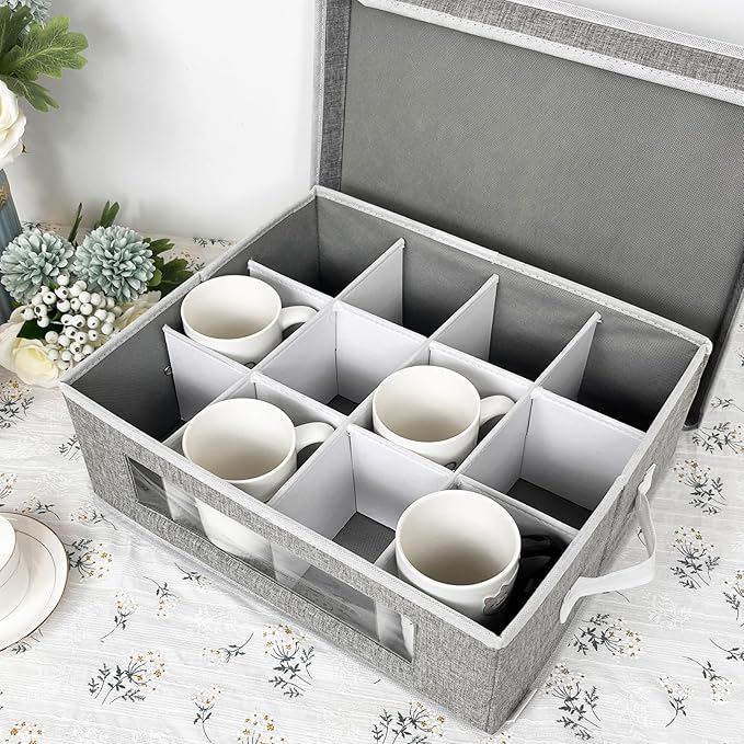 homyfort Mug Storage Box, China Storage Containers Organizer Hard Shell with Dividers for 12 Coffee Mugs, Tea Cup, Moving & Packing (Grey)