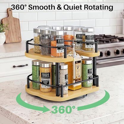 Lazy Susan Organizer Spice Rack - Spice Organization for Cabinet Height Adjustable Rotating Lazy Turntable, Pantry Kitchen Wood Revolving Seasoning Organizer (Natural, 9 Inch)