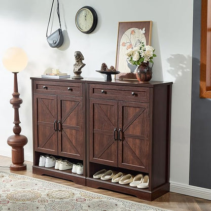 SOOWERY Shoe Cabinet with Drawer, Farmhouse Shoe Storage Cabinet with Doors, 5 Tiers Narrow Shoe Organizer for Entryway, Foyer, Hallway, Dark Cherry