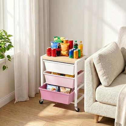 Rolling Cart with 3 Drawers, Plastic Drawer Storage Carts with Lockable Wheels & Wooden Tabletop, Metal Art Craft Utility Cart Organizer for Home Office Bedroom Dorm Bedside Classroom, Bright Pink