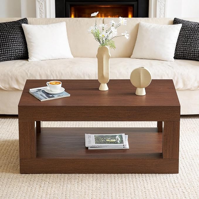LKTART 39.37" Coffee Table with Storage, 2-Tier Mid Century Rectangular Accent Table with Thick Tabletop, Rustic Style Cocktail, Center Table for Living Room, Office, Apartment (Dark Walnut)