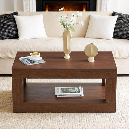 LKTART 39.37" Coffee Table with Storage, 2-Tier Mid Century Rectangular Accent Table with Thick Tabletop, Rustic Style Cocktail, Center Table for Living Room, Office, Apartment (Dark Walnut)