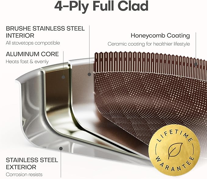 CAROTE 22pcs Hybrid Nonstick Pots and Pans Set, Stainless Steel Cookware Set with Honeycomb Titanium Interior, Induction Safe, Oven Safe, Brown (PFOS, PFOA Free)