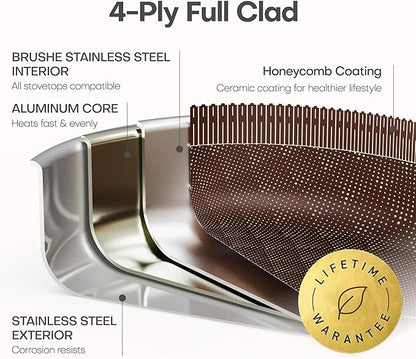 CAROTE 22pcs Hybrid Nonstick Pots and Pans Set, Stainless Steel Cookware Set with Honeycomb Titanium Interior, Induction Safe, Oven Safe, Brown (PFOS, PFOA Free)
