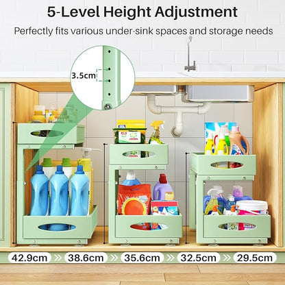 2 Pack Under Sink Organizer, 2 Tier Pull out Cabinet Organizer Mesh Baskets with 5 Adjustable Heights, Sliding Drawers Storage Shelf for Home, Kitchen, Bathroom, Pantry, Office, Countertop ,Green