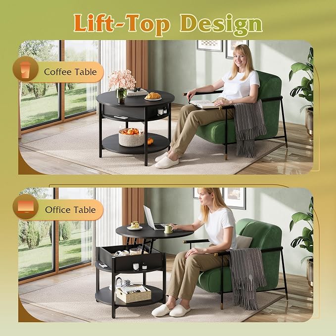 WLIVE Round Lift Top Coffee Table with Storage Shelf and Hidden Compartment, Farmhouse Small Coffee Table with 2 Tier for Living Room and Home Office, Black