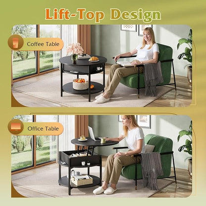 WLIVE Round Lift Top Coffee Table with Storage Shelf and Hidden Compartment, Farmhouse Small Coffee Table with 2 Tier for Living Room and Home Office, Black