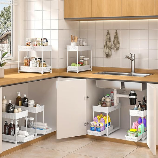 Sevenblue 3 Pack Under Sink Organizers, 2-Tier Multi-Use Kitchen and Bathroom Organizers and Storage with Sliding Drawers, Bathroom Cabinet Organizer (White, 14.8 Inch)