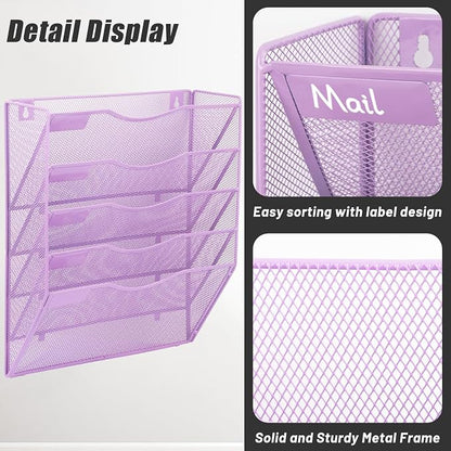 EASEPRES 5 Pocket Mesh Hanging Wall File Organizer, Wall Mounted Mail Paper Document Folder Holder, Clipboard Storage Organization Magazine Rack with Nametag Label for Office Home School, Light Purple