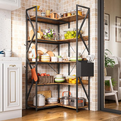Gizoon 5 Tier Corner Bookshelf, 65" H Reversible Bookshelf, Industrial Bookcase with 4 Hooks and Storage Basket, Sturdy Metal Frame, Adjustable Feet, for Living Room, Kitchen, Office, Retro