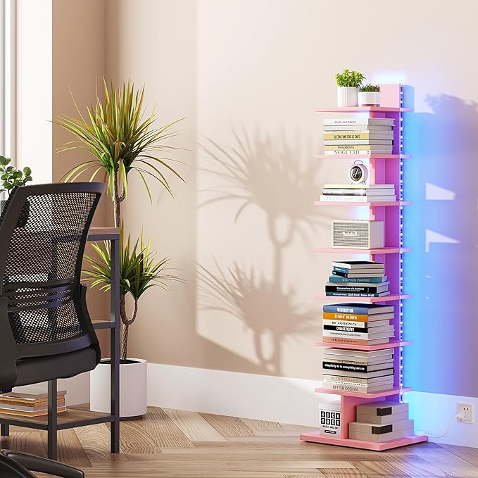 TUTOTAK Narrow Bookshelf, 8-Tier Bookcase with LED Lights, Spine Book Shelf for Small Space, Corner Standing Shelf for Living Room, Office, Study, Entryway, Pink BS06BP008L