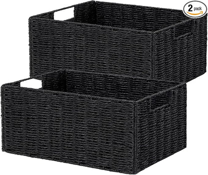 Vagusicc Wicker Storage Basket, Set of 2 Hand-Woven Paper Rope Wicker Basket, Small Storage Baskets for Organizing Toilet Paper Baskets, Foldable Large Cube Storage Organizer Bin for Shelves (Black)