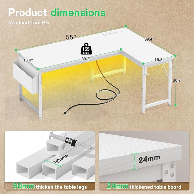 L Shaped Desk with 0.95 Inch Thicker Desktop & Storage Bag, Computer Desk with Power Outlets & Lights, Reversible Gaming Desk for Home Office, Corner Desk, Study Room, Living, Bedroom, White
