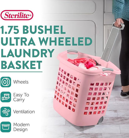 Sterilite 4 Pack Ultra Wheeled Laundry Basket, Plastic Clothes Hamper Bin with Wheels and Retractable Handle, 1.7 Bushel Capacity, Pink Frost