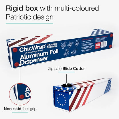 ChicWrap Red, White and Blue Refillable Foil Dispenser - One 12"x 30' Roll of Professional Grade Aluminum Foil - Reusable Dispenser w/Slide Cutter - Kosher Certified - Reduces Waste & Saves Money
