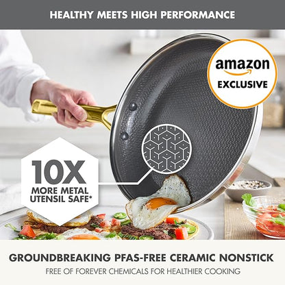 GreenPan Hybrid 10” Nonstick Stainless Steel Frying Pan Skillet, APEX Tri-Ply Thermobond PFAS-Free Ceramic Cookware, Induction & All Cooktop Compatible, Oven Temp to 850°F, Dishwasher Safe, Gold