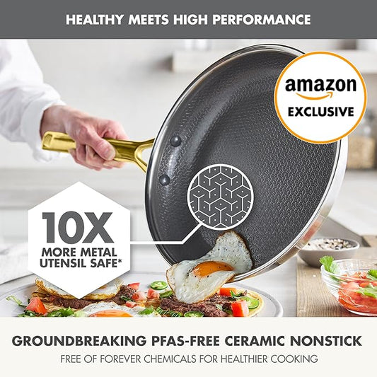 GreenPan Hybrid 10” Nonstick Stainless Steel Frying Pan Skillet, APEX Tri-Ply Thermobond PFAS-Free Ceramic Cookware, Induction & All Cooktop Compatible, Oven Temp to 850°F, Dishwasher Safe, Gold