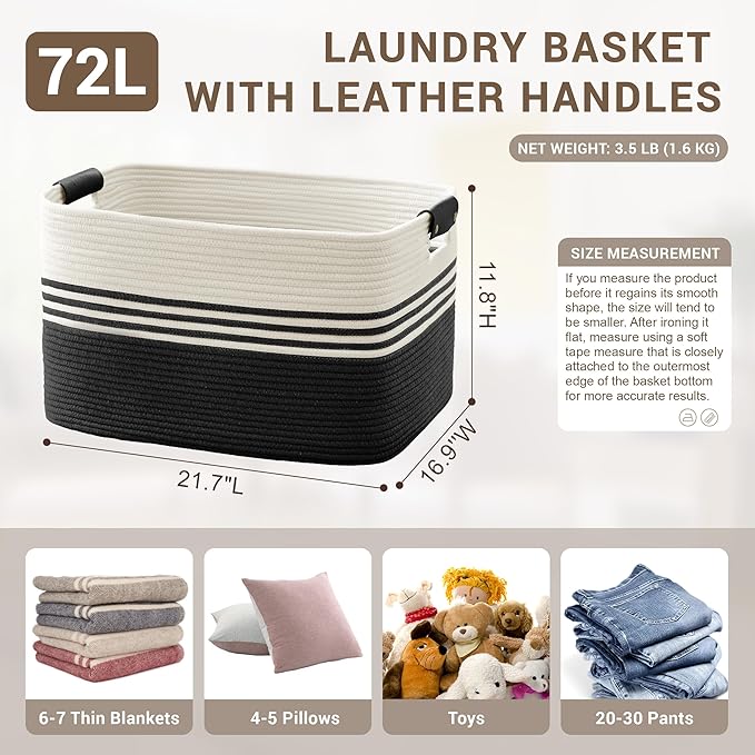 SunNewt 72L Large Laundry Basket with Leather Handles for Living Room Storage, Woven Rope Baskets Bin for Blanket, Kids Toy, Gifts, Wicker Hamper for Bedroom Dirty Clothes, 22"x17"x12" White Black