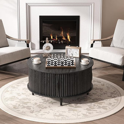 SULIVES Round Coffee Table with Storage,Mid Century Modern Coffee Table with Sliding Door,Fluted Center Table with Solid Wood Legs,Small Coffee Table for Living Room,Black