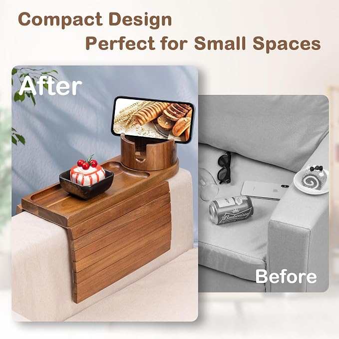 Couch Cup Holder for Armrests Over 4.9" Wide, Acacia Wood Couch Arm Tray with 360° Rotating Cup Holder, 3 in 1 Foldable Sofa Arm Tray Table for Remote, Snacks, Phone, Drinks