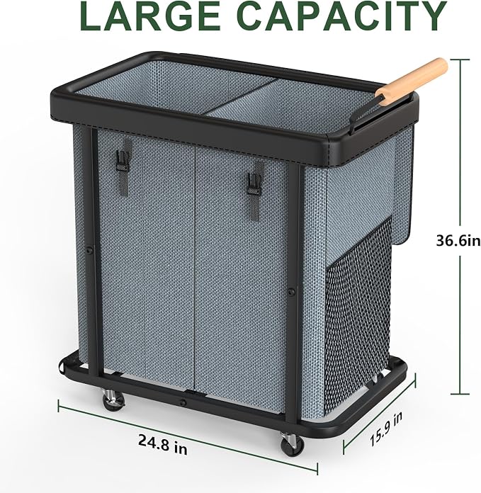 190L (50 Gal) Extra Large Fashion Laundry Hamper 2 Section with Lid, Rolling Laundry Basket Hamper with Handle, Laundry Organizer Storage Cart with Sturdy Metal Frame for Laundry Room,Hotel,Gray