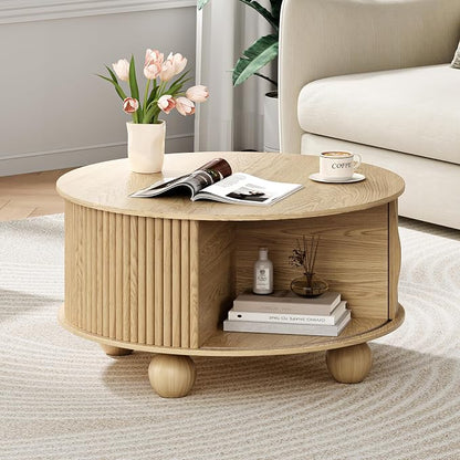 JOINICE Round Coffee Table with Storage, 31.5" Natural Oak Fluted Drum Center Table, Scandi Japandi Wood Circle Table with Sliding Door & Bun Feet for Living Room